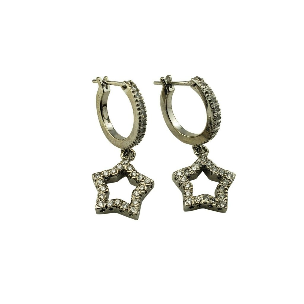 Vintage 14 Karat White Gold And Diamond Hoop And Star Earrings #10537
